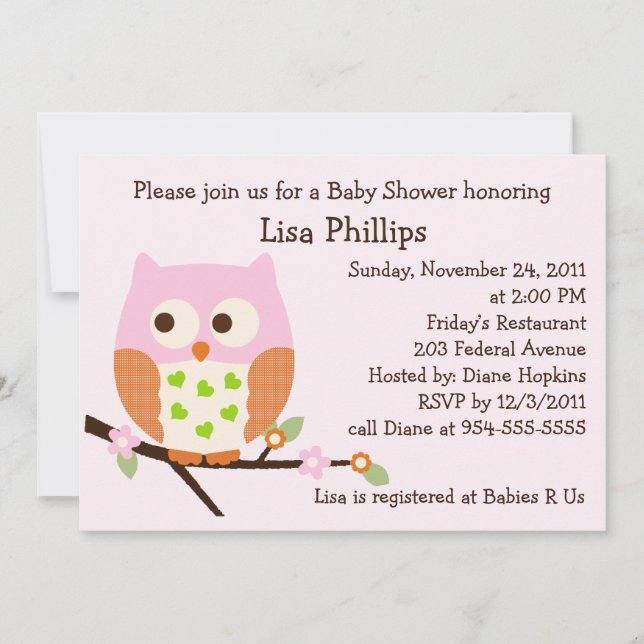 Pink Owl Baby Shower Invitation (Front)
