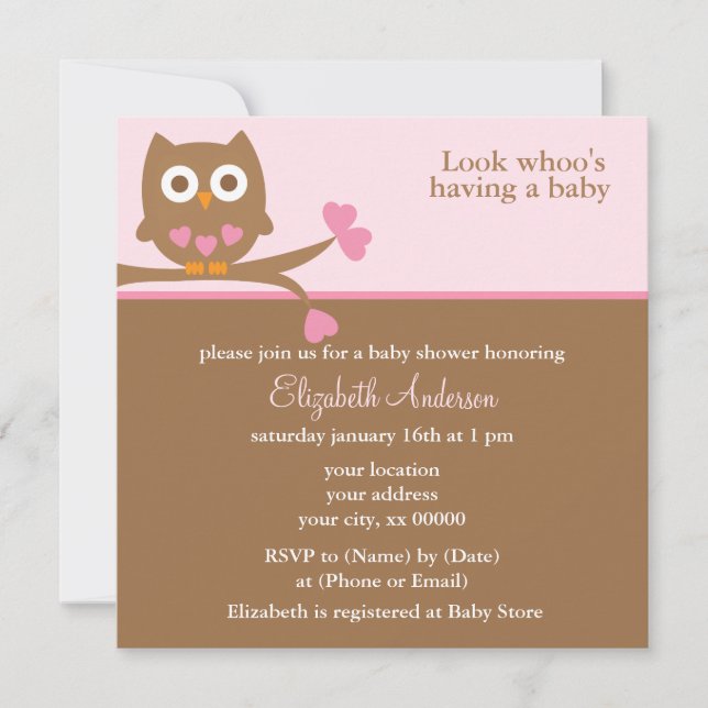 Pink Owl Baby Shower Invitations (Front)