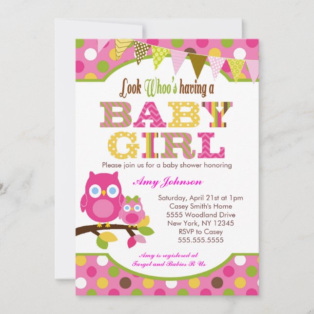 Pink Owl Baby Shower Invitations - Baby Girl (Front)