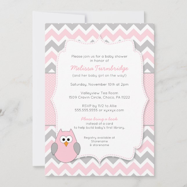 Pink Owl Baby Shower with book request Invitation (Front)