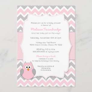 Pink Owl Baby Shower with book request Invitation
