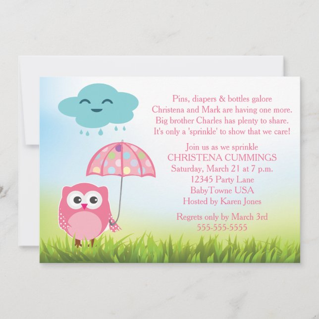 Pink Owl Baby Sprinkle Invitation (Front)