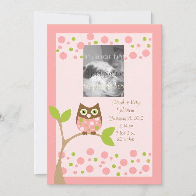 Pink Owl Birth Announcment.. Announcement (Front)