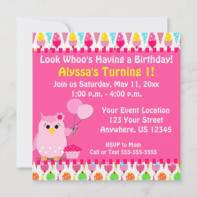 Pink Owl Birthday Invitation (Front)