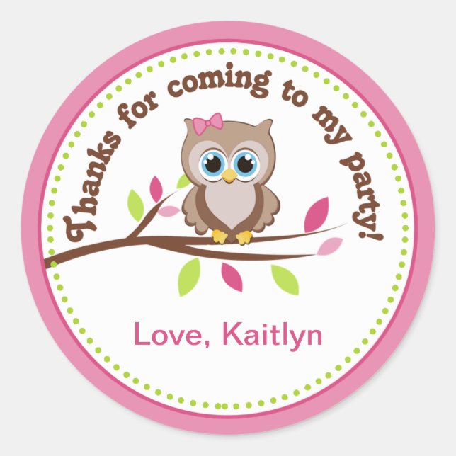 Pink Owl Birthday Party Favour Stickers (Front)