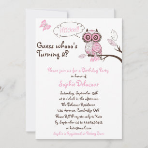 Pink Owl & Butterfly Floral Birthday Invitation