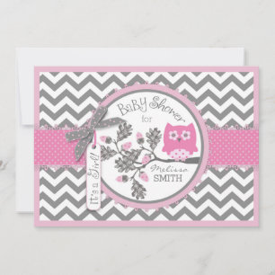 Pink Owl Chevron Print Baby Shower Invitation