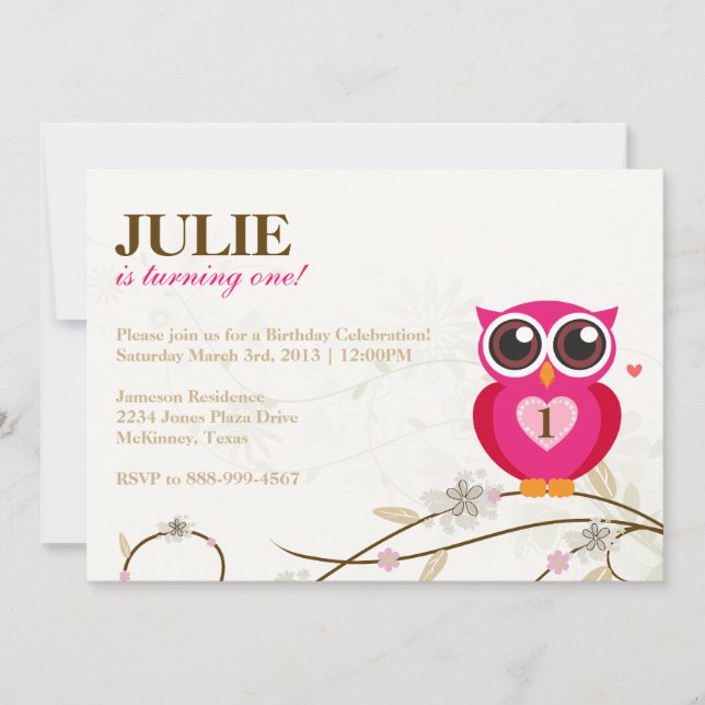 Pink Owl First Birthday Party Invitation (Front)