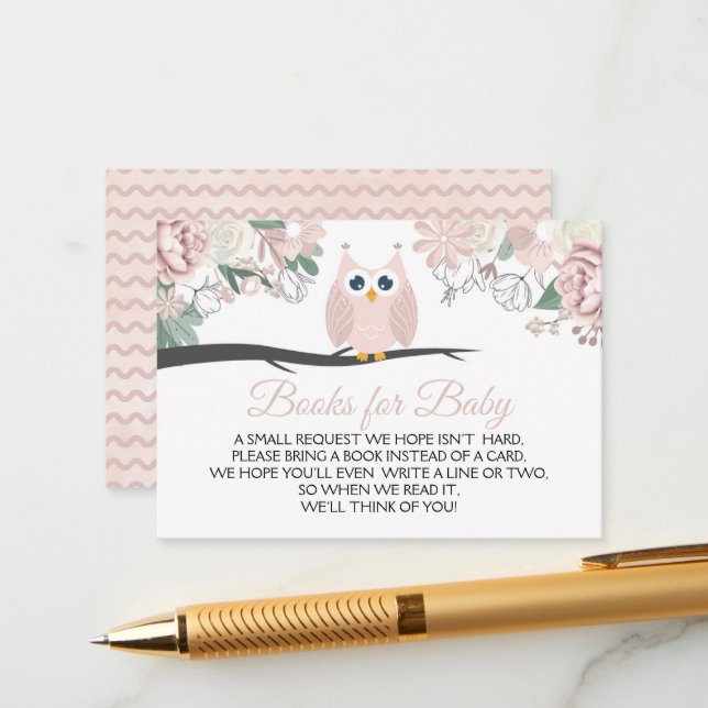 Pink Owl Floral Baby Shower Books for Baby  Enclosure Card (Front/Back In Situ)