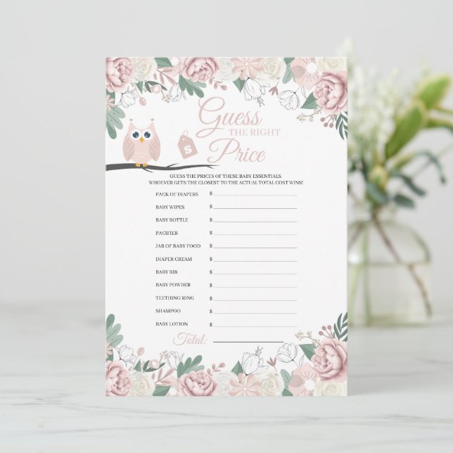 Pink Owl Floral Baby Shower Price Game Card (Standing Front)
