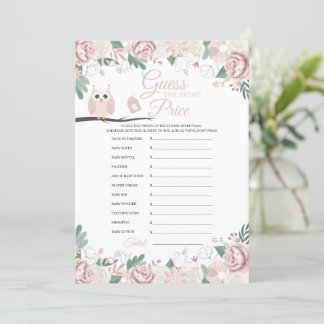 Pink Owl Floral Baby Shower Price Game Card