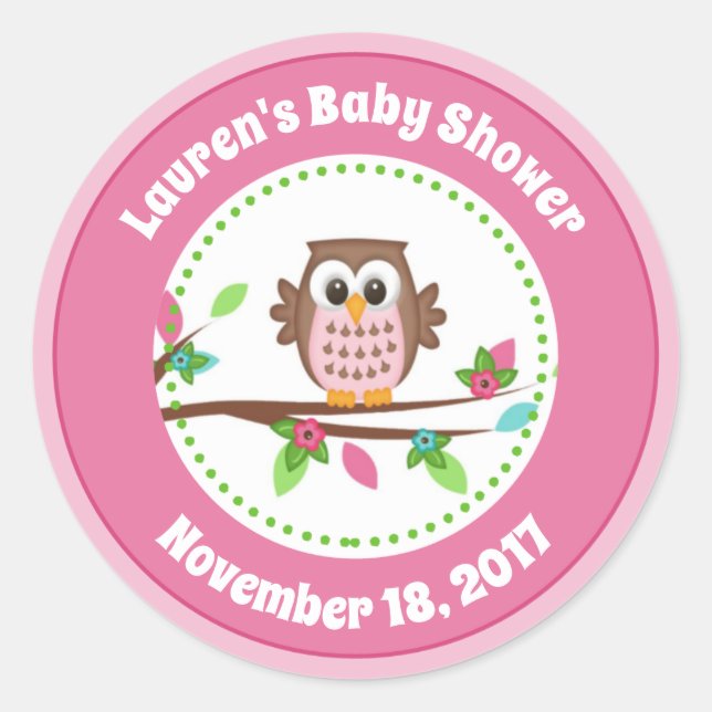 Pink Owl Girl Baby Shower Favour Stickers (Front)
