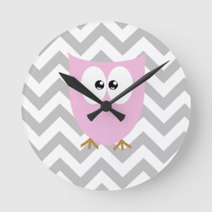 Pink Owl Grey Chevron Nursery Bedroom Round Clock
