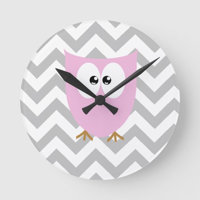 Pink Owl Grey Chevron Nursery Bedroom Round Clock (Front)