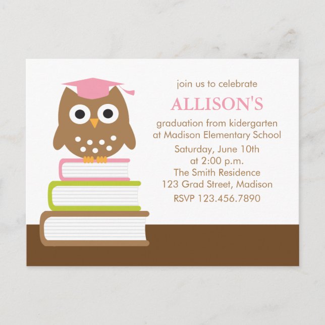Pink Owl Kindergarten Graduation Invitation Postcard (Front)