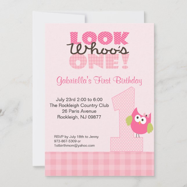 Pink Owl Large Number One 1st Birthday Invitation (Front)