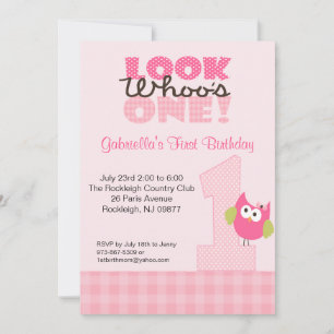 Pink Owl Large Number One 1st Birthday Invitation
