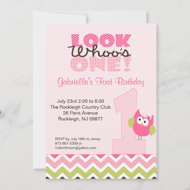 Pink Owl Large Number One 1st Birthday Invitation (Front)