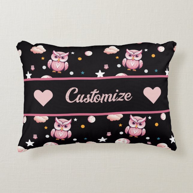 Pink Owl Moonlight Pattern Decorative Cushion (Front)