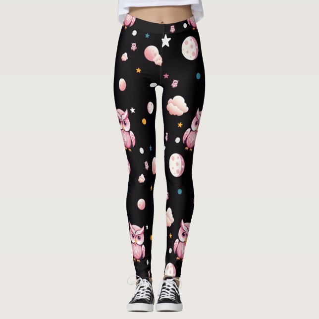 Pink Owl Moonlight Pattern Leggings (Front)