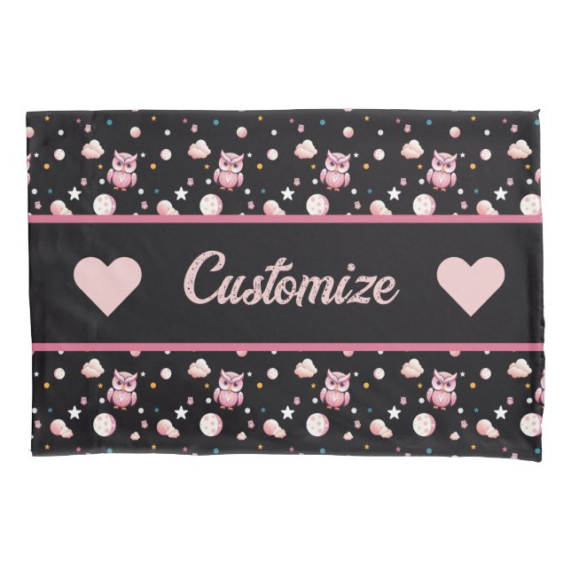 Pink Owl Moonlight Pattern Pillowcase (Front-Left)