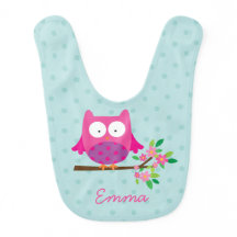 Pink Owl on a branch personalised Baby Bib