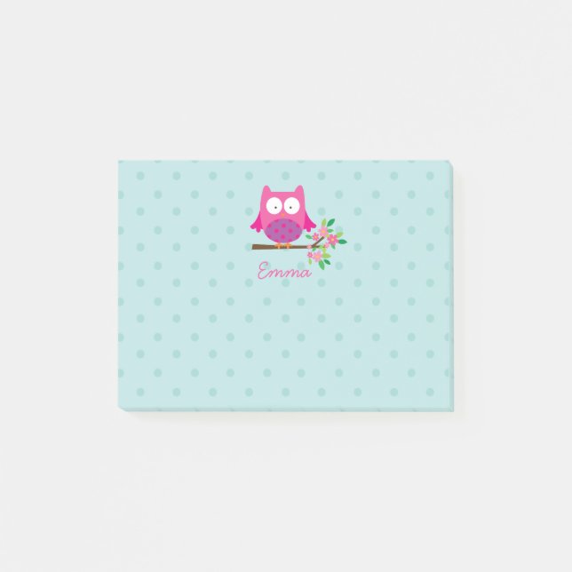 Pink Owl on a Branch Personalised Post It Notes (Front)