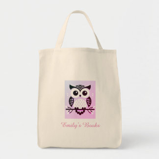 Pink owl on branche personalised library book to t tote bag