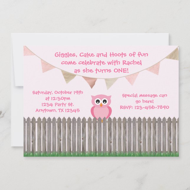Pink Owl on Fence Birthday Invitation (Front)