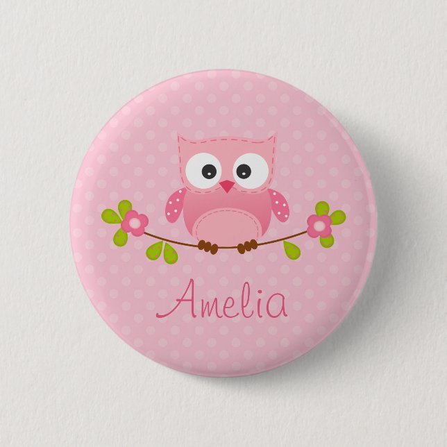 Pink Owl Personalised Button (Cute) (Front)