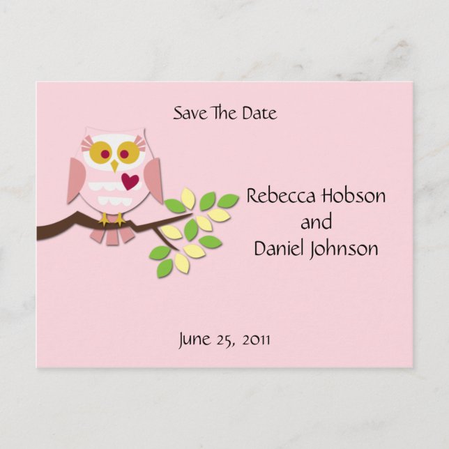 Pink Owl Save The Date Announcement Postcard (Front)