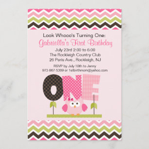 Pink Owl Who's turning One Birthday Invitation