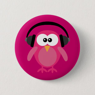 Pink Owl With Headphones 6 Cm Round Badge