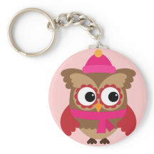 Pink Owl with Pink Scarf Button Keychain