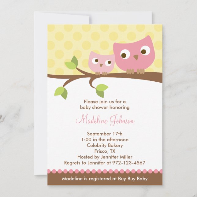 PInk Owls Baby Shower Invitation (Front)