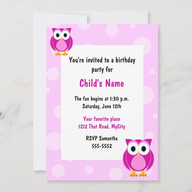Pink Owls Children's Birthday Invitation (Front)
