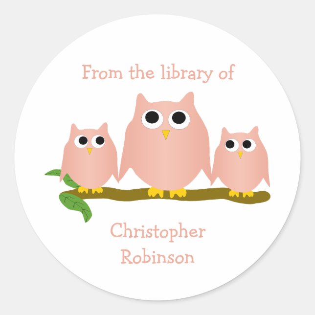 Pink Owls Design Bookplate Classic Round Sticker (Front)