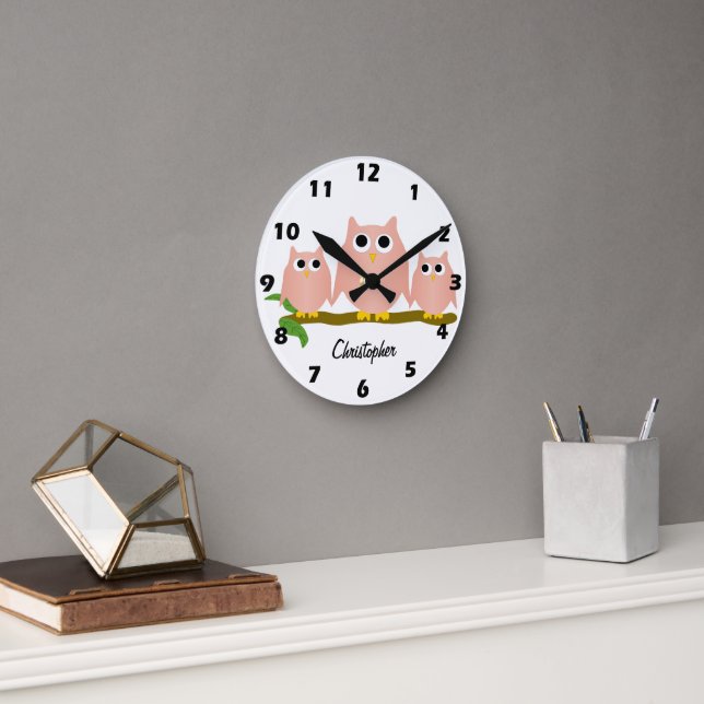 Pink Owls Design Personalised Round Clock (Office)