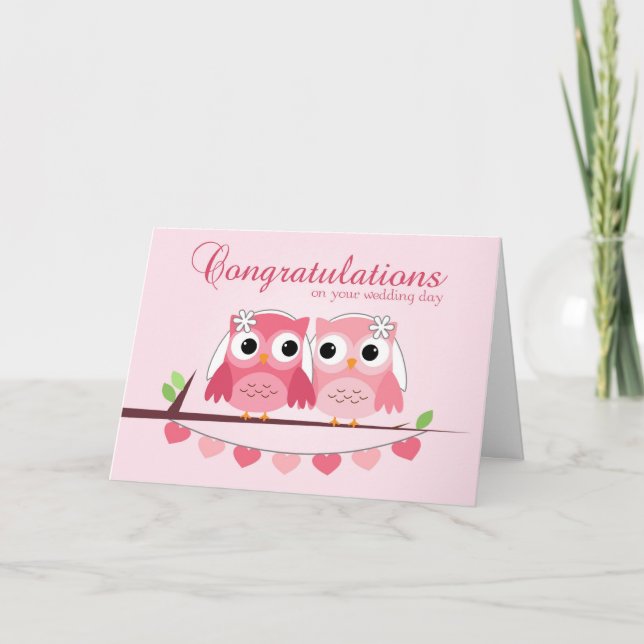 Pink Owls, Pink Hearts, Lesbian Wedding Congrats Card (Front)