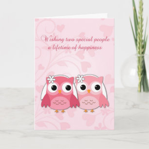 Pink Owls, Swirls and Hearts, Lesbian Wedding Card