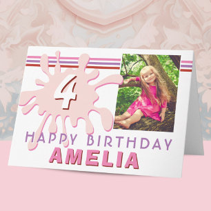 Pink Paint Splash 3 Photo Birthday Card for Girl