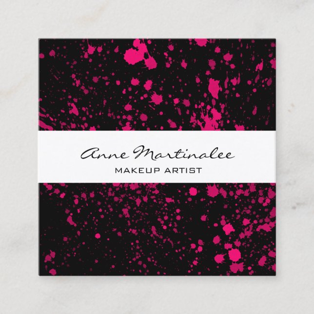Pink Paint Splatter on Black Square Business Card (Front)