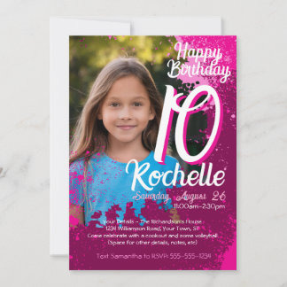 Pink Paint Splatter Photo 10th Birthday Invite