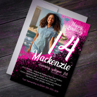 Pink Paint Splatter Photo 14th Birthday Invitation