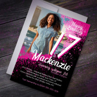 Pink Paint Splatter Photo 17th Birthday Invitation