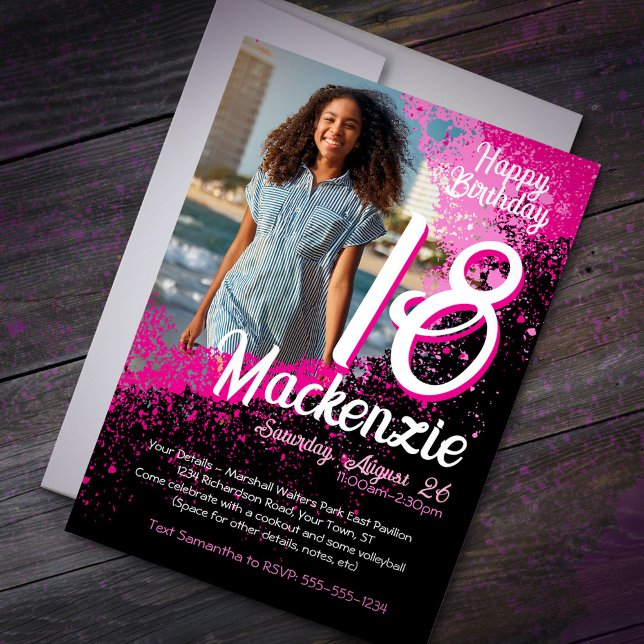Pink Paint Splatter Photo 18th Birthday Invitation (Creator Uploaded)
