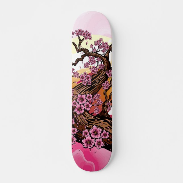 Pink Paint Wave Cherry Blossom Sunset Japanese Skateboard (Front)
