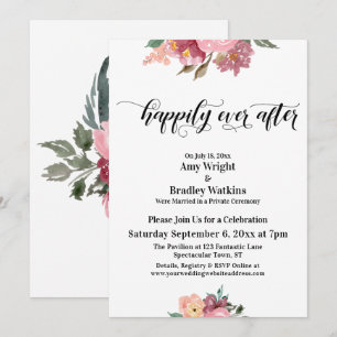 Pink Painted Flowers Happily Ever After Typography Invitation