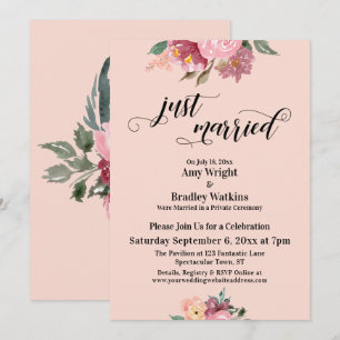 Pink Painted Flowers Just Married Typography Blush Invitation
