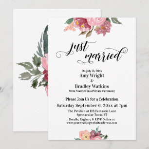 Pink Painted Flowers Just Married Typography Invitation